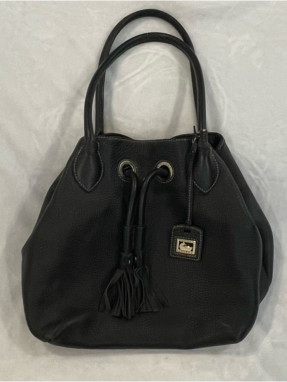 Dooney & Bourke Black Pebbled Leather  Bucket Drawstring Tassels and Pink Lining